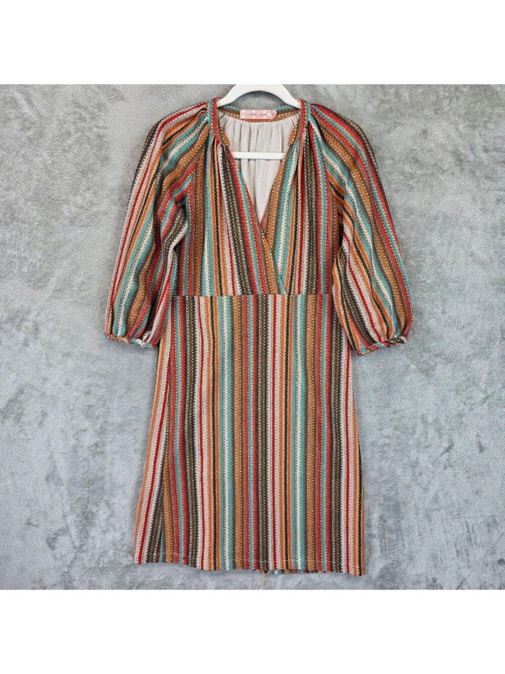 Traffic People Dress Womens XS Multicolor Stripe V Neck Balloon Sleeve Midi